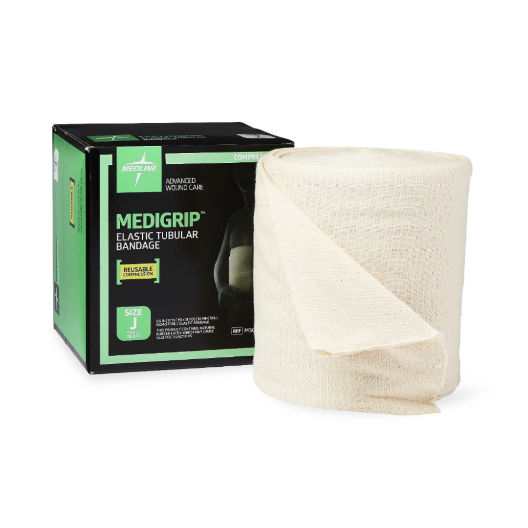 A box labeled Medline Medigrip Elastic Latex Tubular Support Bandages sits beside an unrolled, beige bandage. The packaging highlights size J and advanced wound care, showcasing Medline’s trusted tubular support.